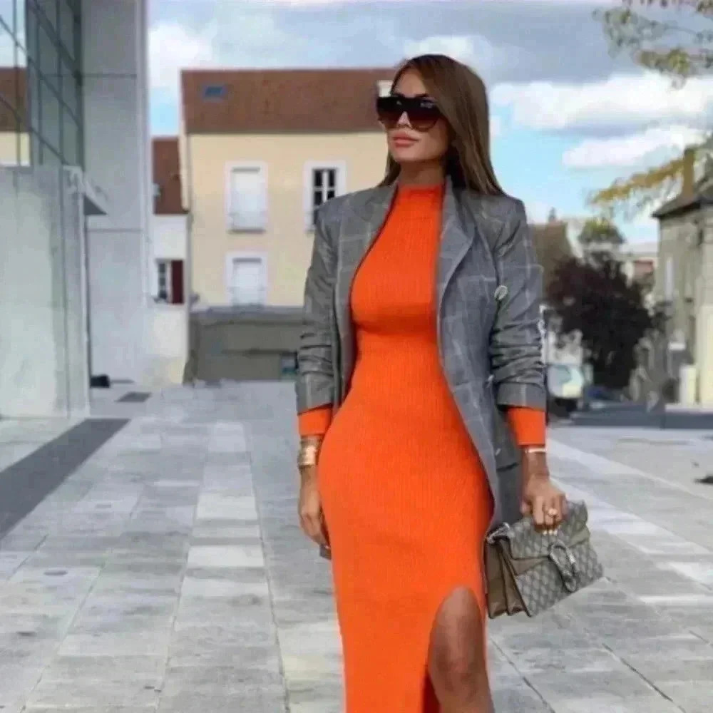Zara Maxi Dress Orange High Slit Ribbed